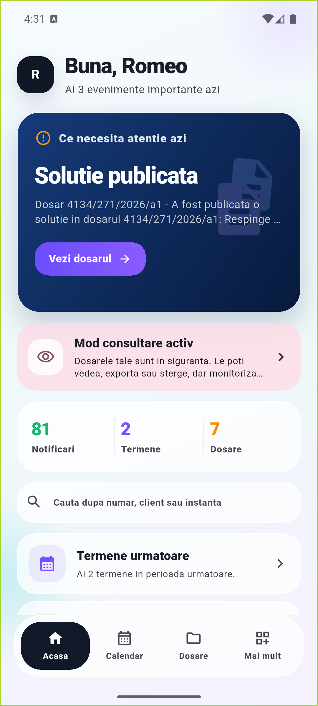 Captură reală a ecranului Astăzi din aplicația mobilă Avocat Alert