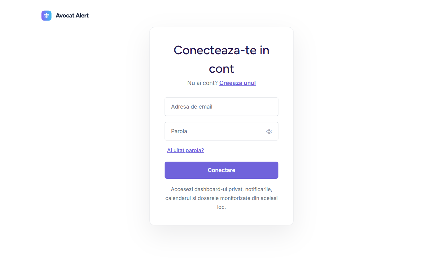 Ecranul real de conectare web Avocat Alert